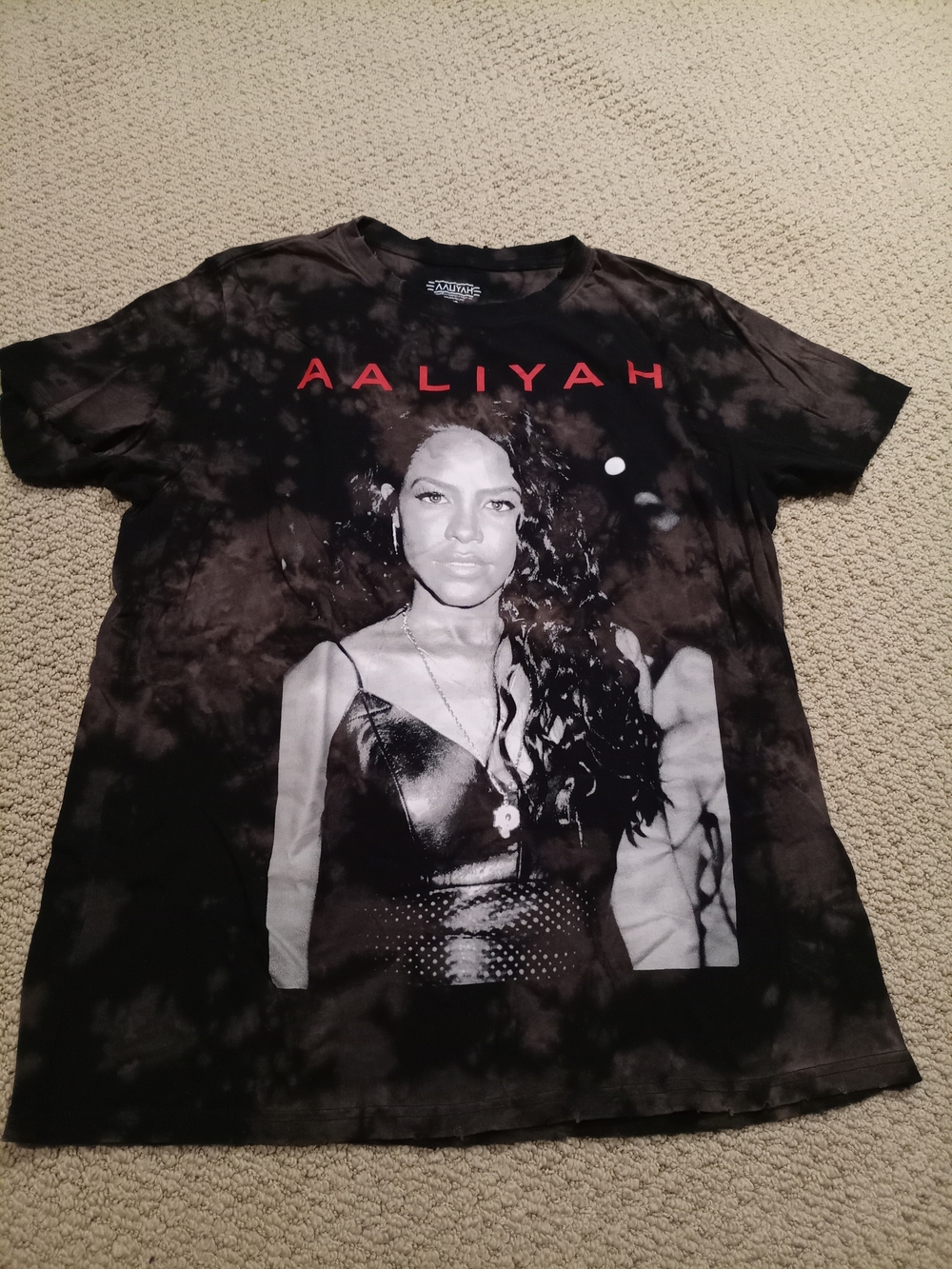 Aaliyah Black Tie-Dye Distressed Graphic Portrait R&B Short Sleeve Tee Large